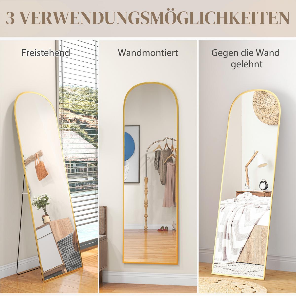 GANZKÖRPERSPIEGEL, 161,5 x 50 cm Wandspiegel mit Ständer für Wohnzimmer Gold - Goldfarben, Glas (50/161.5/1.5cm) - HOMCOM