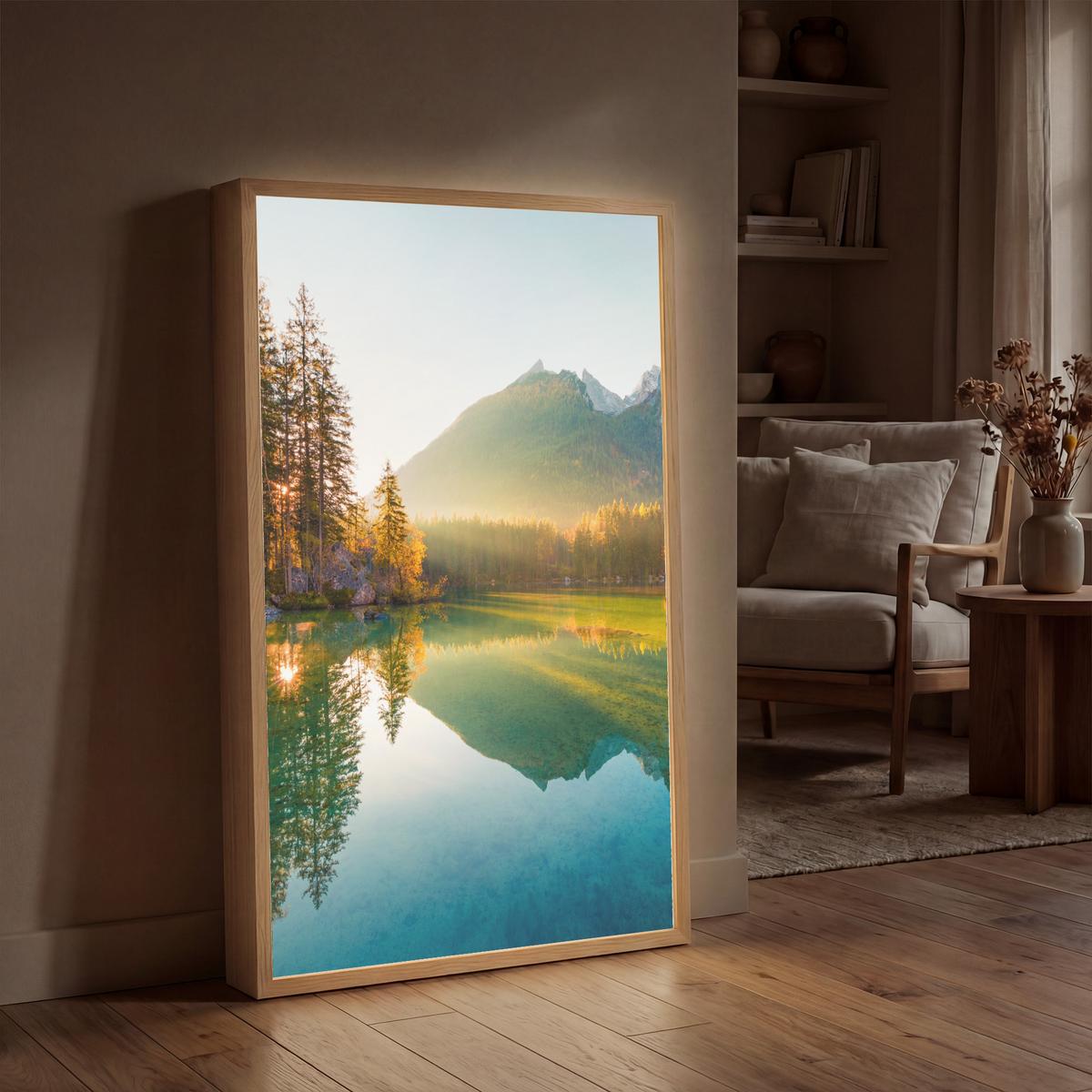 WANDLEUCHTE MIT AKKU See - Wald - Berge - Natur - Sonne - Landschaft 70x100 cm - Grün, Holzwerkstoff (70/100/8cm) - OnlyWow