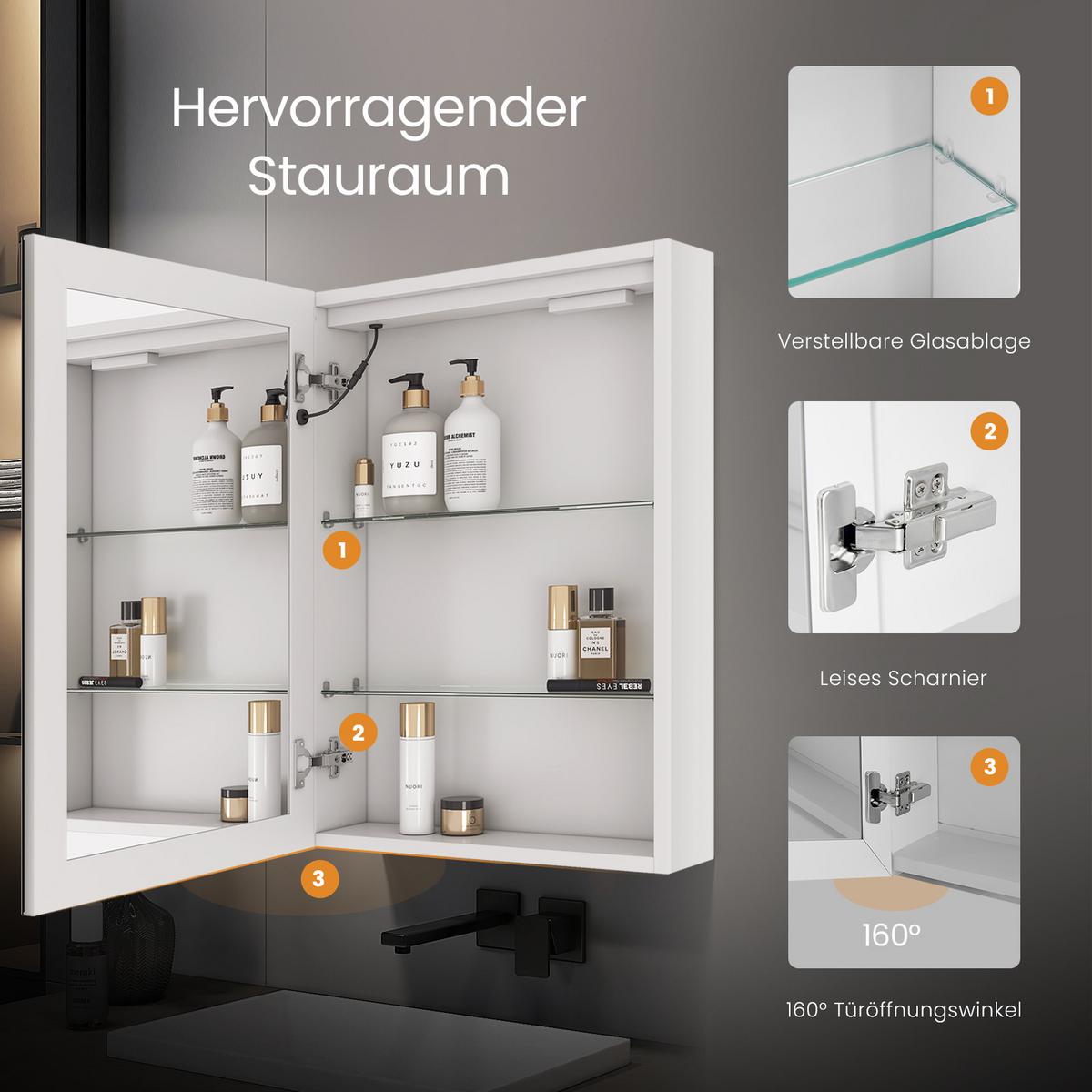 SPIEGELSCHRANK mit Beleuchtung silberweiß 60/40/14,5 - Weiß, Glas/Metall (40/60/14.5cm) - EMKE