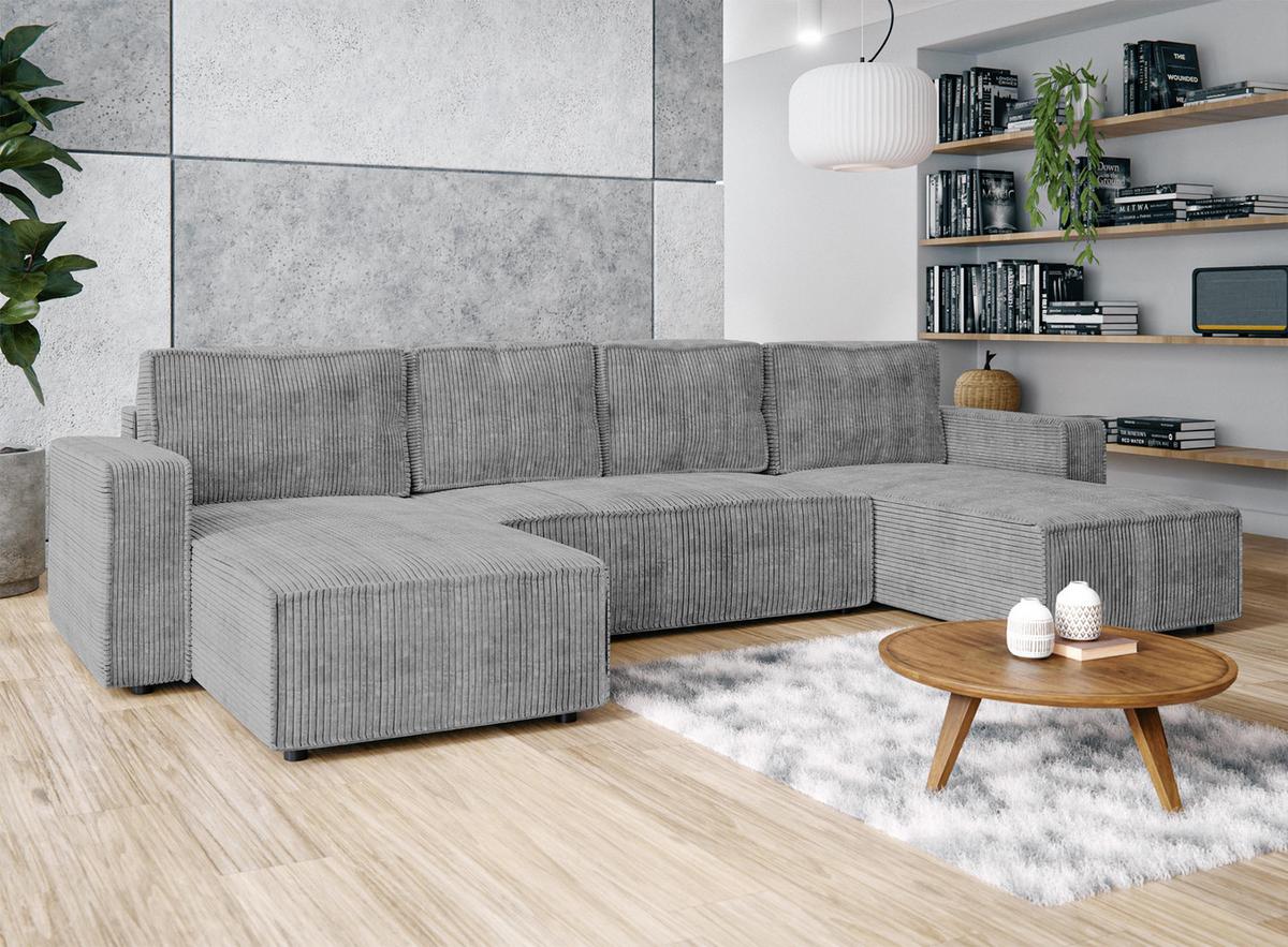 WOHNLANDSCHAFT Aydin U Form Hellgrau 338/169/85 cm Cord mit Schlaffunktion - Hellgrau/Schwarz, Kunststoff/Textil (338/85/169cm) - AX Living