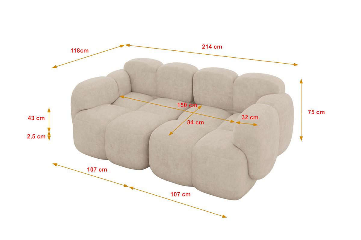 2-SITZER modulares Sofa Miko-S1 214x118x75 cm Beige Velours - Ecru/Schwarz, Holzwerkstoff/Kunststoff (214/75/118cm) - ALTDECOR