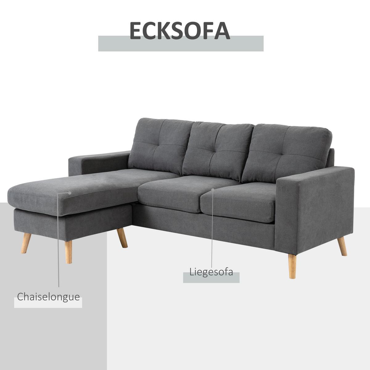 ECKSOFA Eckcouch in L-Form, Eckgarnitur in Leinenoptik Couchgarnitur Dunkelgrau - Dunkelgrau/Naturfarben, Holz/Textil (136/193cm) - HOMCOM