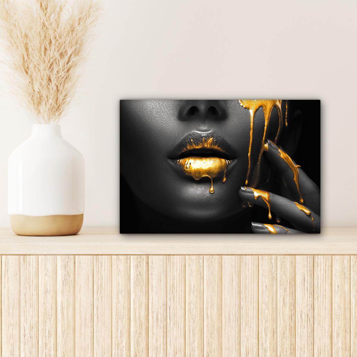 LEINWANDBILD Frau - Schwarz - Gold - Gesicht - Lippen Deko Schlafzimmer 30x20 cm - Goldfarben, Textil (30/20cm) - MuchoWow