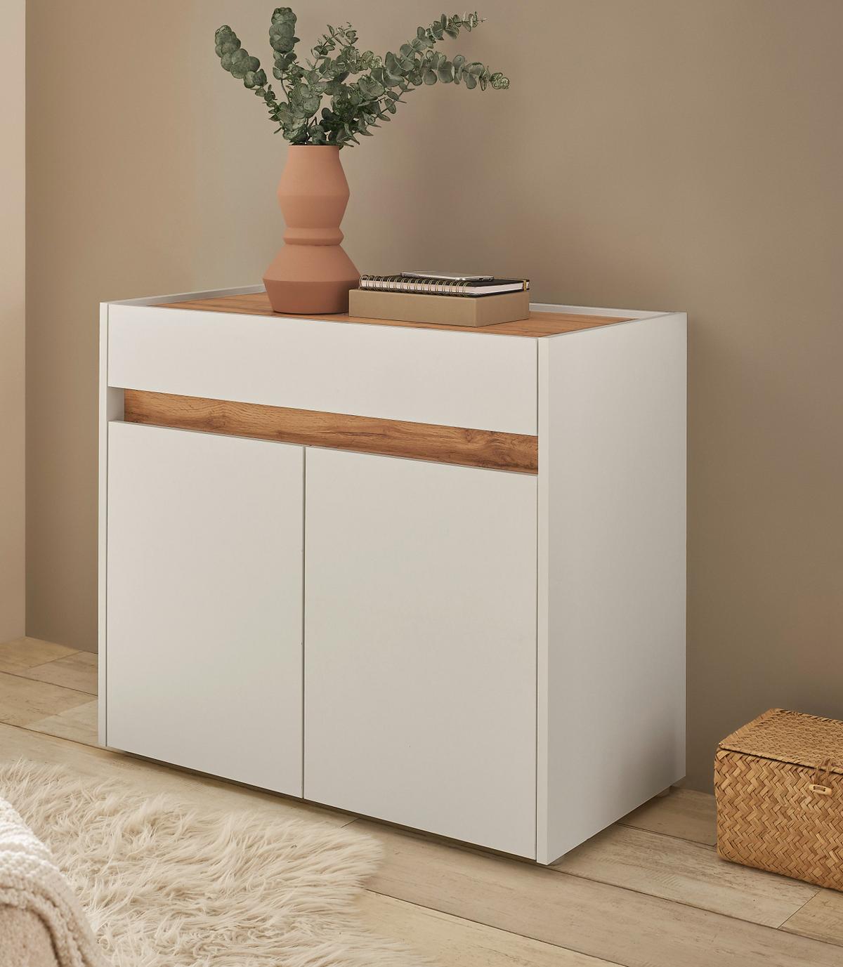 SCHUHSCHRANK weiß, Eiche Wotan 80 x 70 cm, Flurkommode mit Schubladen - Eiche Wotan/Silberfarben, Holzwerkstoff/Kunststoff (80/70/40cm) - Furn.Design
