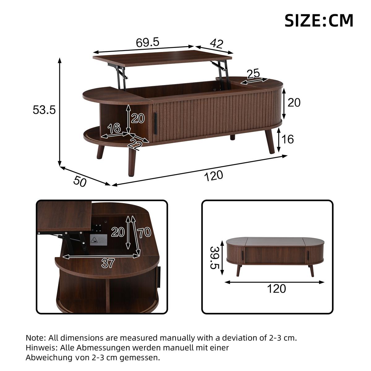 COUCHTISCH Walnuss Anhebbar mit Verstecktem Stauraum & Rolltür - Walnussfarben, Holzwerkstoff (50/120/39.5cm) - Urban Meuble