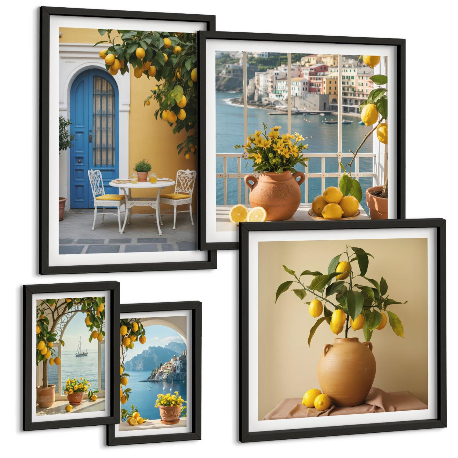 BILDER SET 5er Set - 50x50 cm & 20x30 cm & 40x60 cm Schwarzer Rahmen - Meereslandschaften, Zitronen, Fenster - Schwarz, Kunststoff (40/60cm) - TULUP