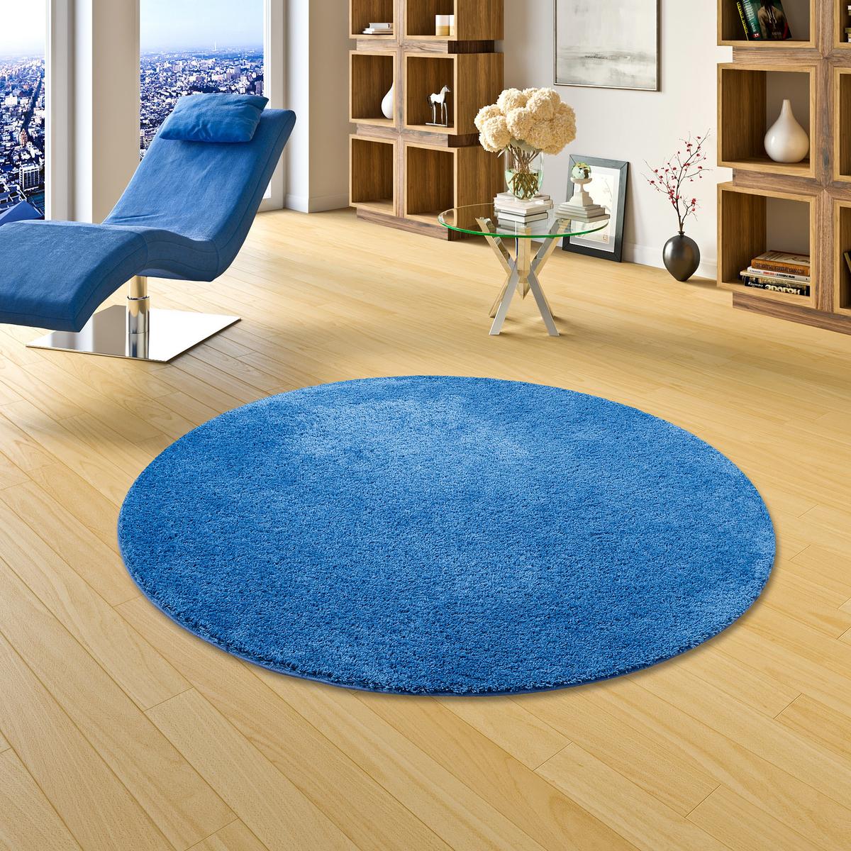 HOCHFLOR SHAGGY TEPPICH PALACE RUND - Blau, Textil (100/100cm) - Snapstyle