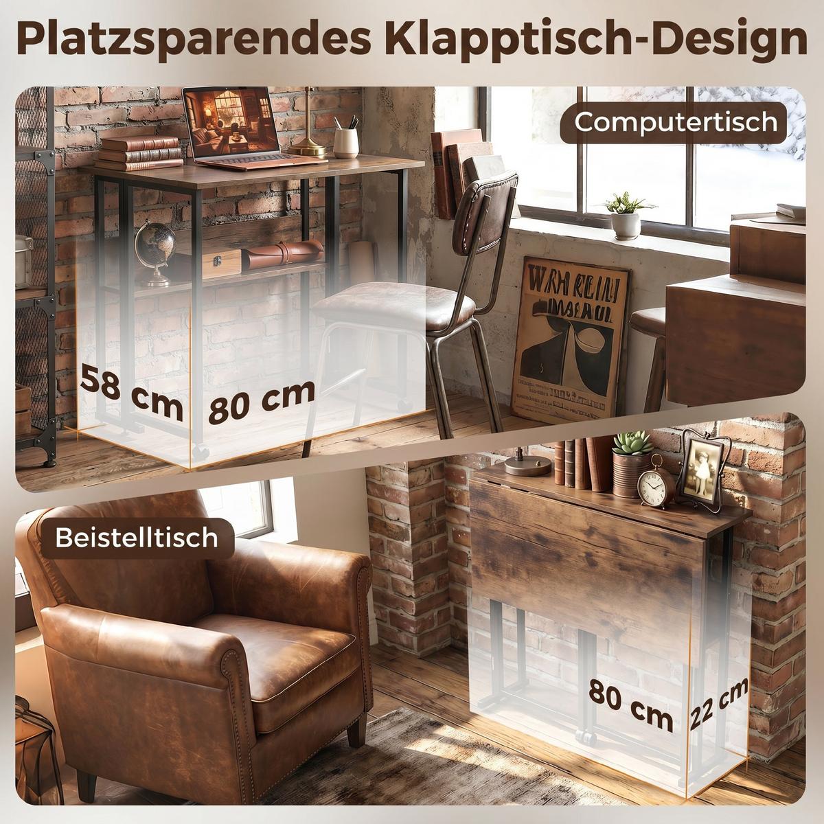 KLAPPBARER-SCHREIBTISCH Spanplatte Metall Rustikales-Braun - Braun, Holzwerkstoff (80/58/75cm) - HOMCOM