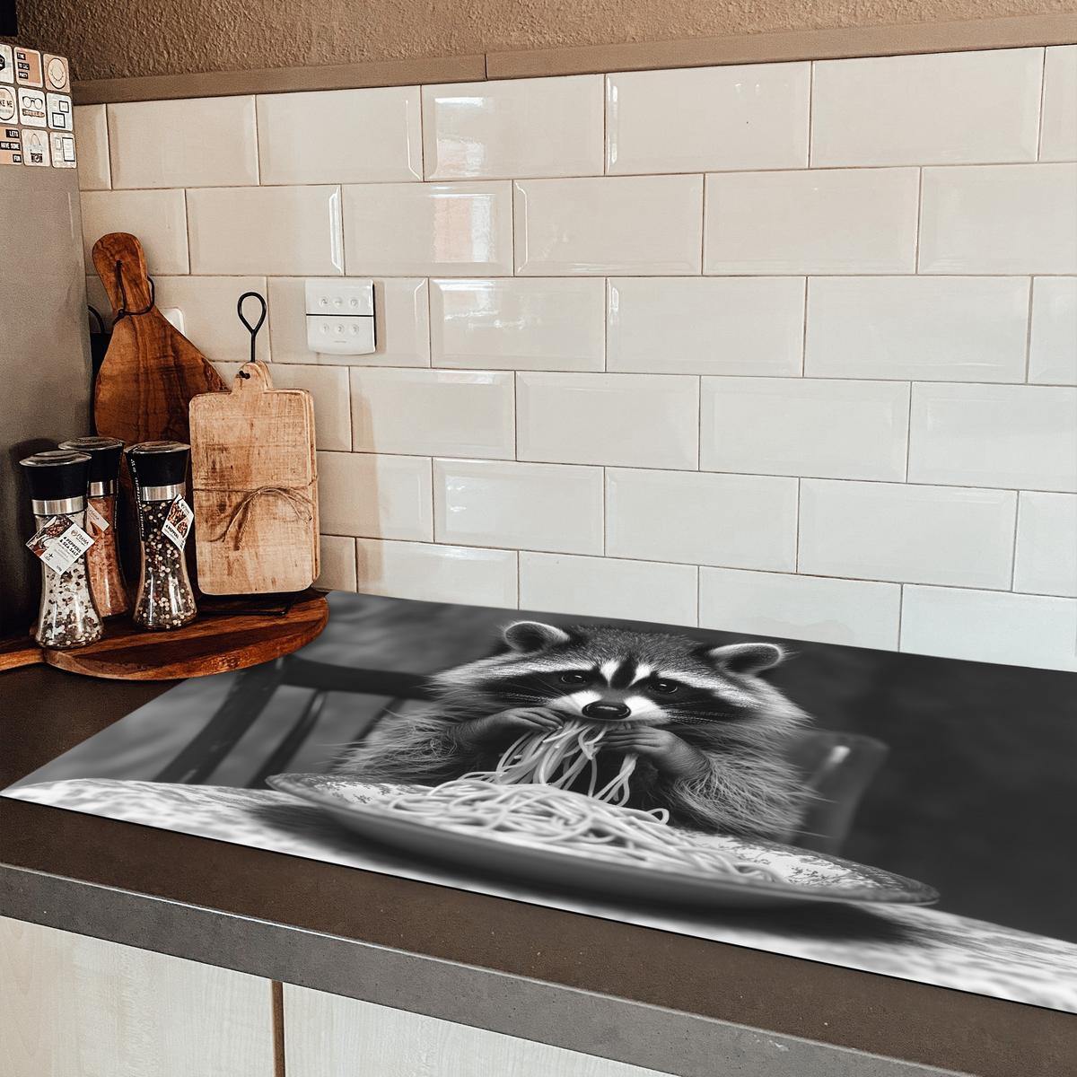 HERDABDECKPLATTE Waschbär - Niedlich - Pasta - Tischtuch - Schwarz - Weiß Ceranfeldabdeckung 90x52 cm - Grau, Kunststoff (90/52/0.2cm) - MuchoWow