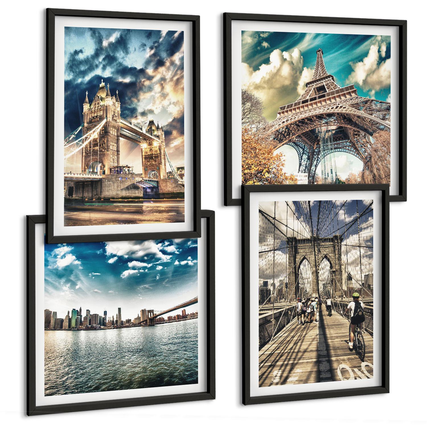 BILDER SET 4er Set - 50x50 cm & 40x60 cm Schwarzer Rahmen - Turmbrücken in europäischen Städten - Schwarz, Kunststoff (50/50cm) - TULUP