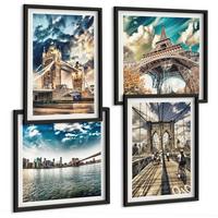 BILDER SET 4er Set - 50x50 cm & 40x60 cm Schwarzer Rahmen - Turmbrücken in europäischen Städten - Schwarz, Kunststoff (50/50cm) - TULUP