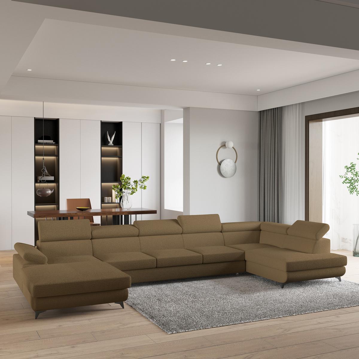 WOHNLANDSCHAFT MONTIVA Orange Boucle-Stoff mit Schlaffunktion - Orange, Holz (410/89/190cm) - MASSENO