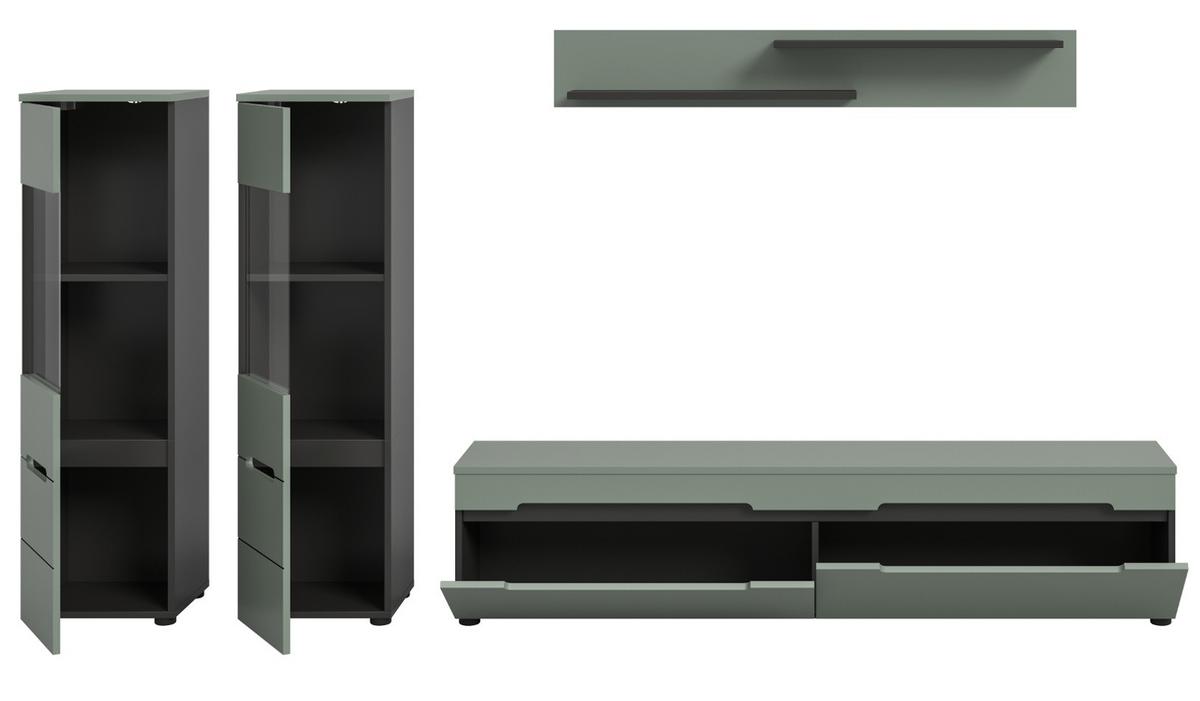 WOHNWAND Salbei Grün und Grau, Schrankwand 270 cm hängend oder stehend, Soft-Close - Salbeigrün/Schwarz, Glas/Holzwerkstoff (272/141/33cm) - Inn.Furn