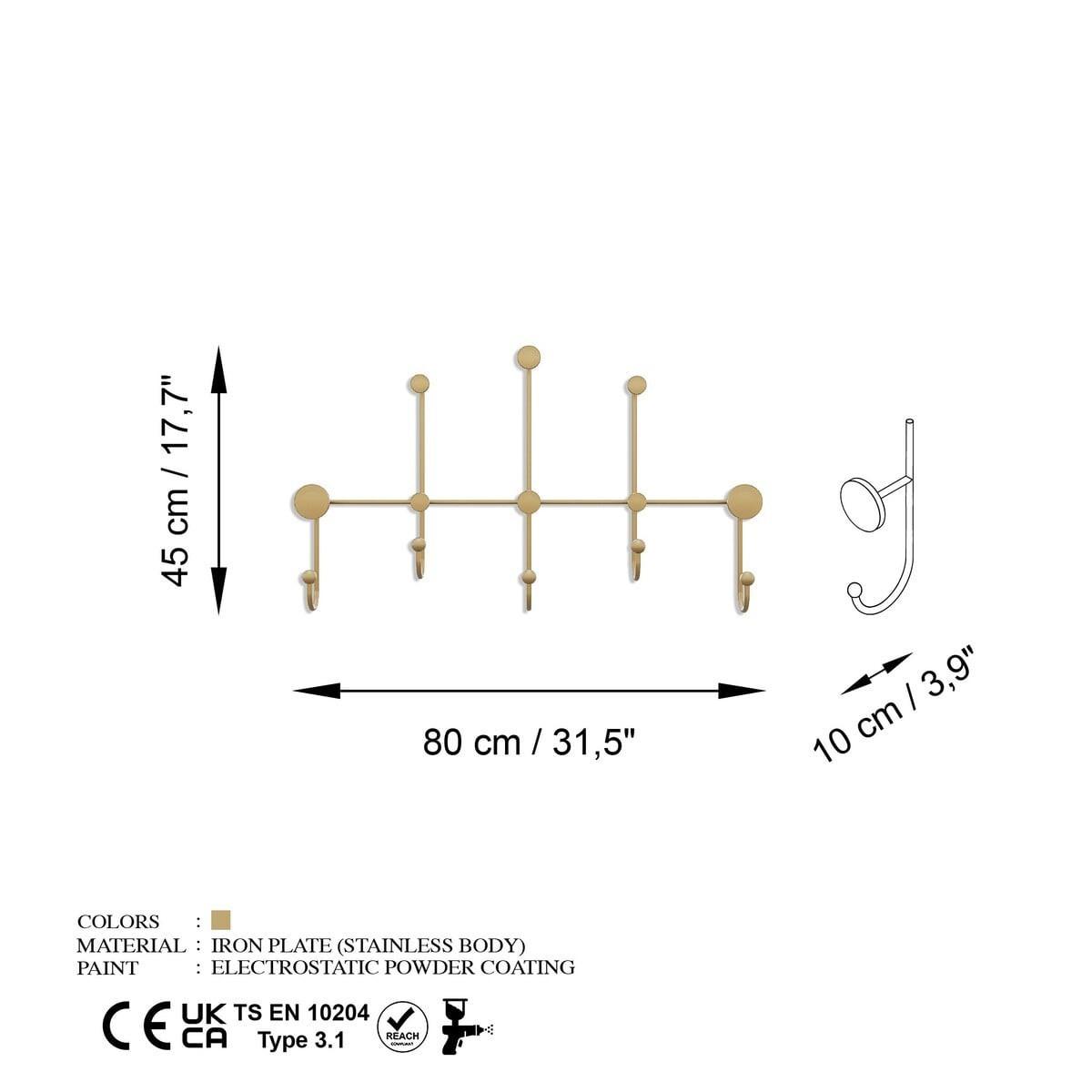 WANDGARDEROBE mit 8 Haken aus goldfarbenem Metall 80/10/45 cm - Goldfarben, Metall (10/45/10cm) - Calicosy