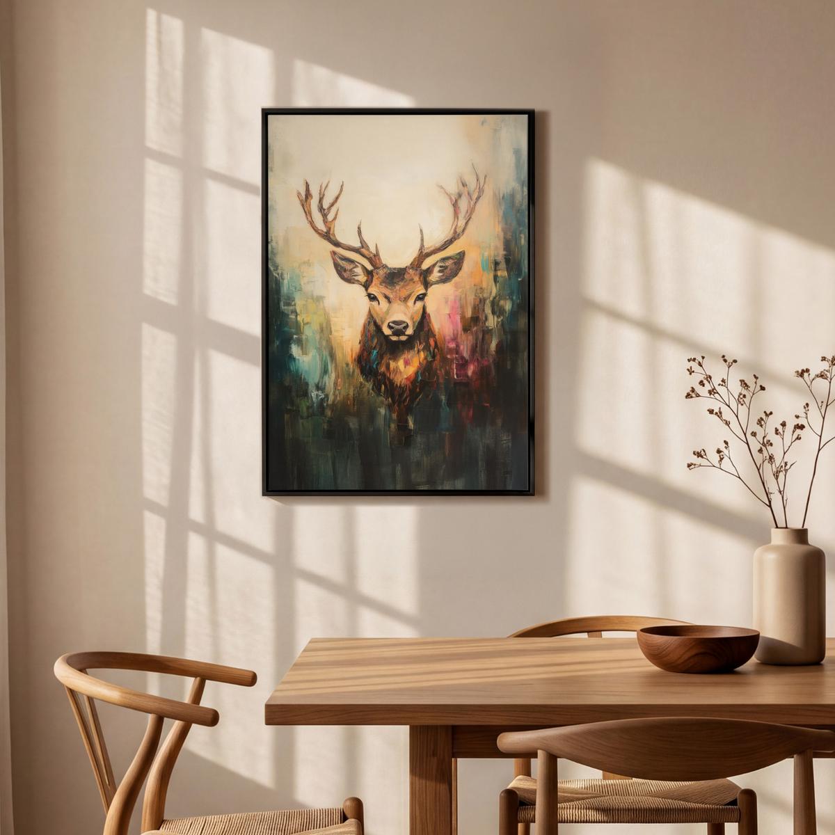 LEINWAND Bilder mit Rahmen - Hirsch - Gemalt - Geweih - Braun - 60x90 - Haselnussfarben, Textil (60/90cm) - MuchoWow