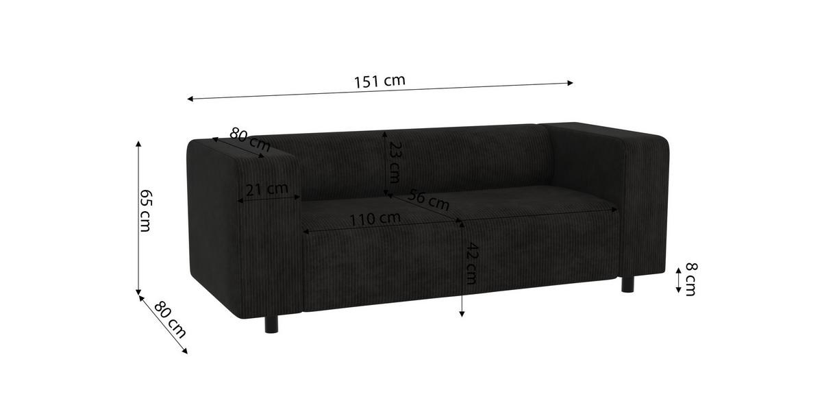 2-SITZER-SOFA Tove Schwarz Cord - Schwarz, Holz/Kunststoff (151/65/80cm) - S-Style Möbel