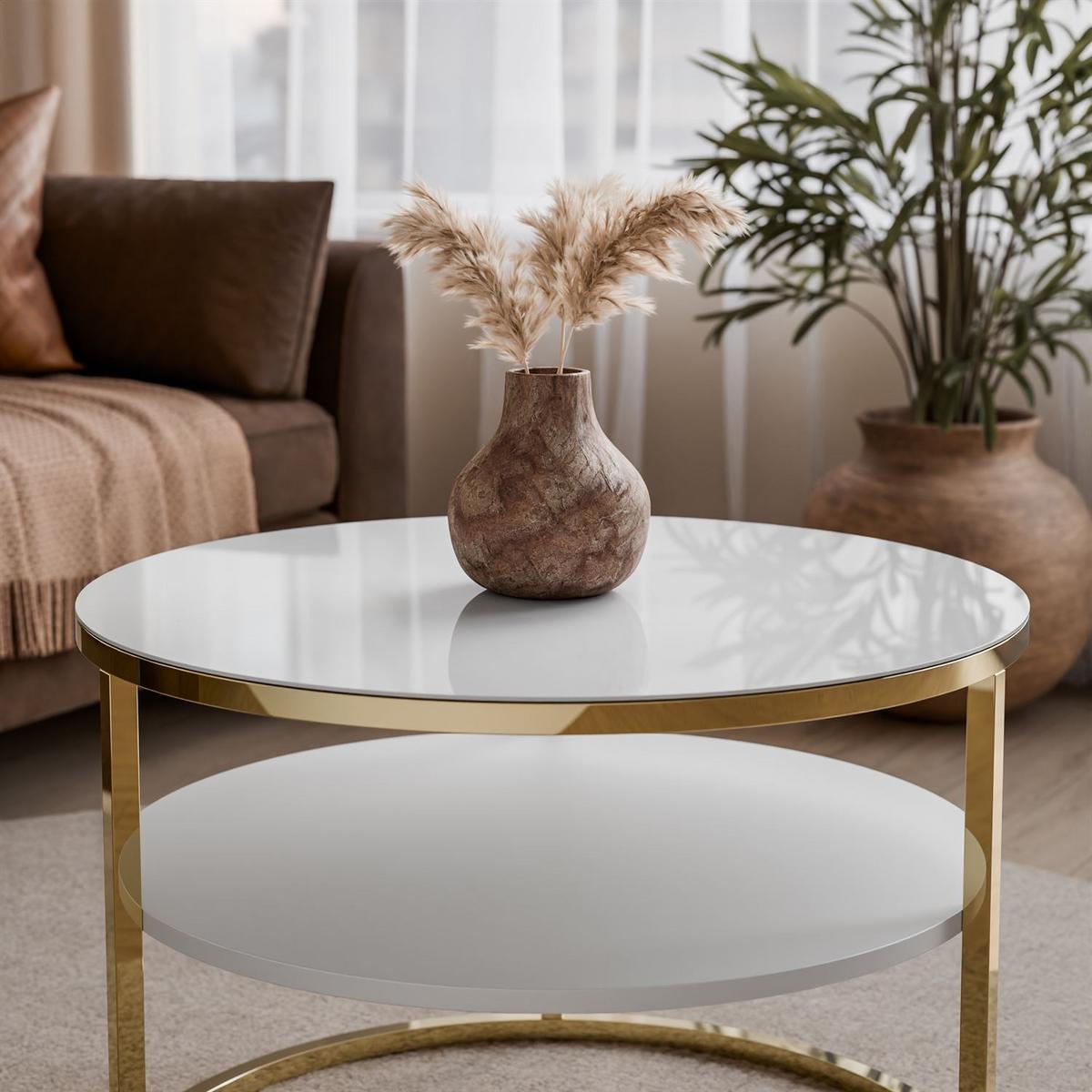 COUCHTISCH CIRI GLASS mit Ablage und Gestell in Goldchrom Weißes Glass - Goldfarben/Weiß, Glas (70/70/47cm) - Lookway