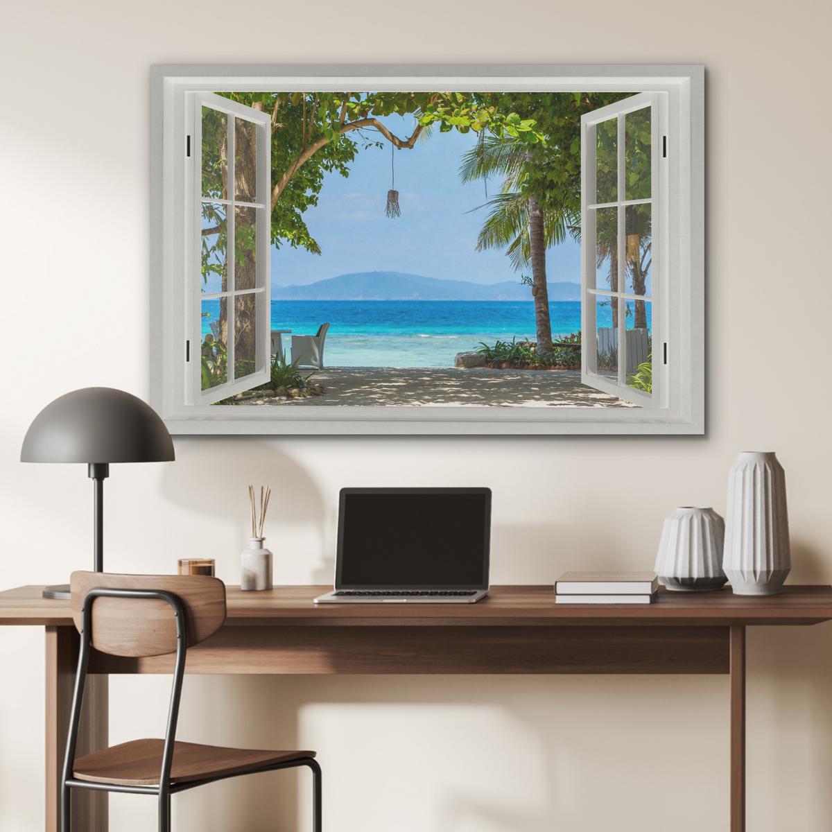 AKUSTIKBILD Aussicht - Baum - Meer - Palme - Hügel - Strand - Blau Akustikpaneele 90x60 cm - Blau, Kunststoff (90/60/0.9cm) - MuchoWow