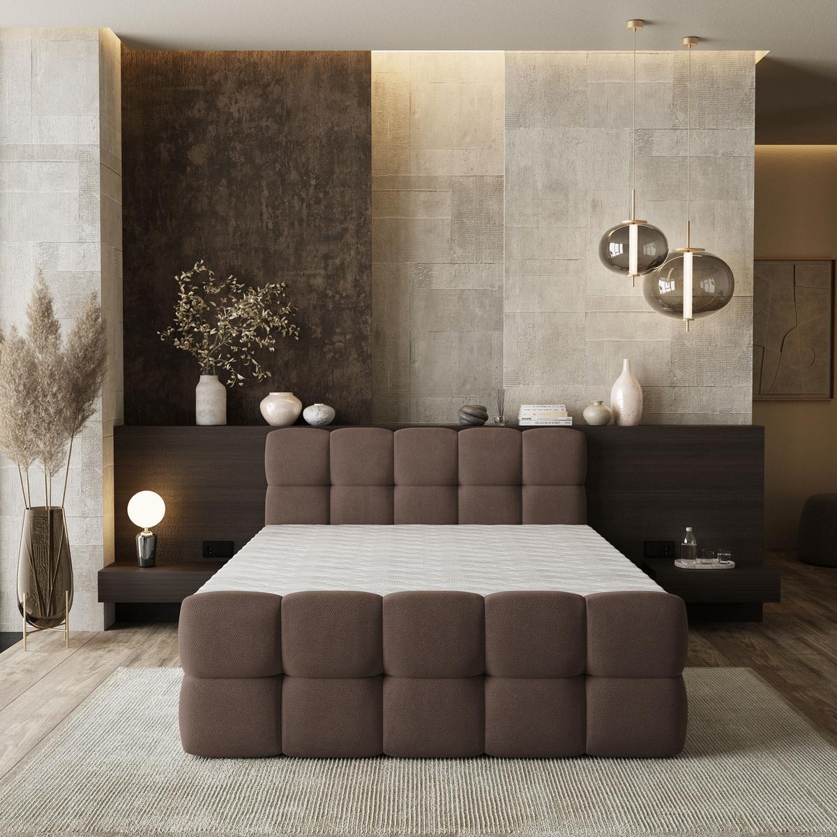 BOXBETT BRUME 200x200 cm mit Matratze und Topper, H2+H3 - Braun - Braun, Holz (200/200cm) - MASSENO
