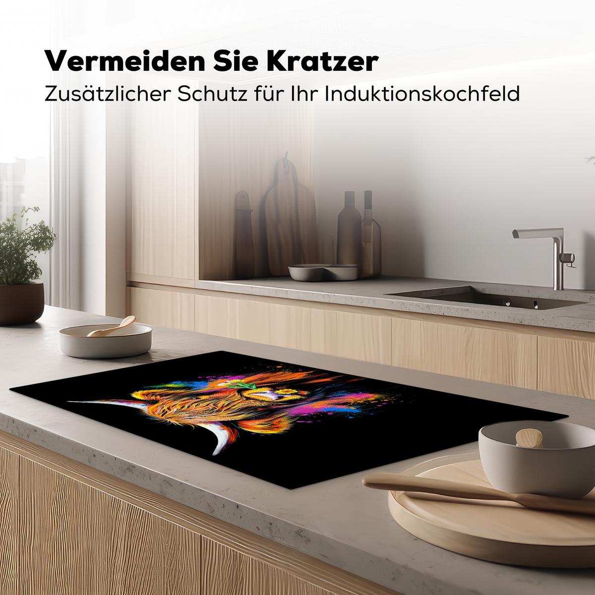 HERDABDECKPLATTE Schottischer Highlander - Graffiti - Bunt - Blume - Tiere Induktionsschutz 91.6x52.7 cm - Multicolor, Kunststoff (91.6/52.7/0.2cm) - MuchoWow
