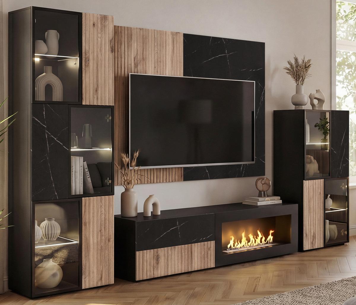 WANDPANEEL schwarz, Vicking Eiche 160 x 118 cm, TV Rückwandverkleidung mit schwarzer Mamor-Optik - Eichefarben/Schwarz, Holzwerkstoff (160/118/1.6cm) - Inn.Furn