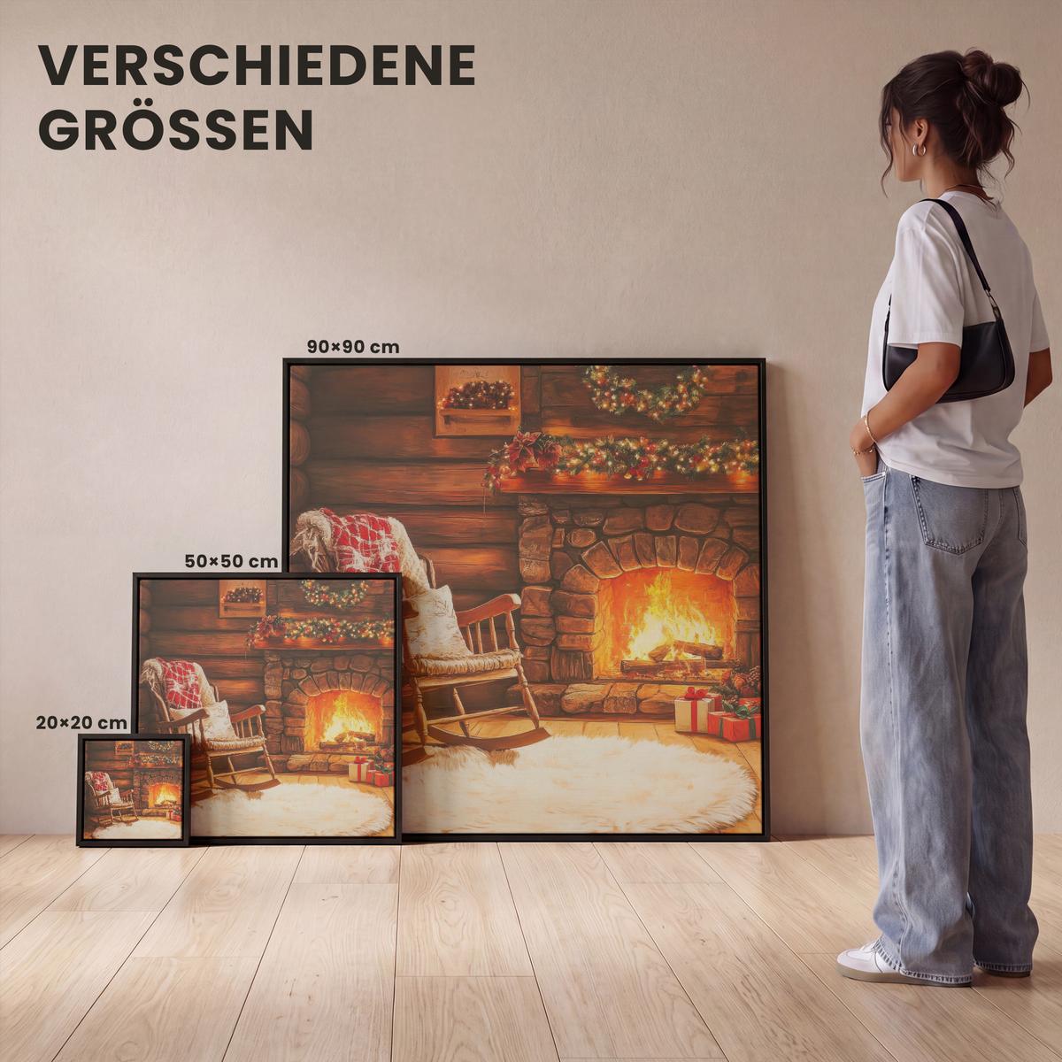 LEINWAND Bilder mit Rahmen - Winter - Weihnachten - Zuhause - Kamin - 20x20 - Bernsteinfarben, Textil (20/20cm) - MuchoWow