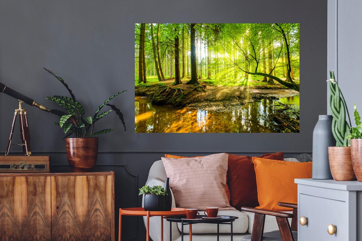 WANDTATTOO Wald - Landschaft - Wasser - Bäume - Sonne - Grün - Natur Wandsticker 120x80 cm - Grün, Kunststoff (120/80/0.1cm) - MuchoWow