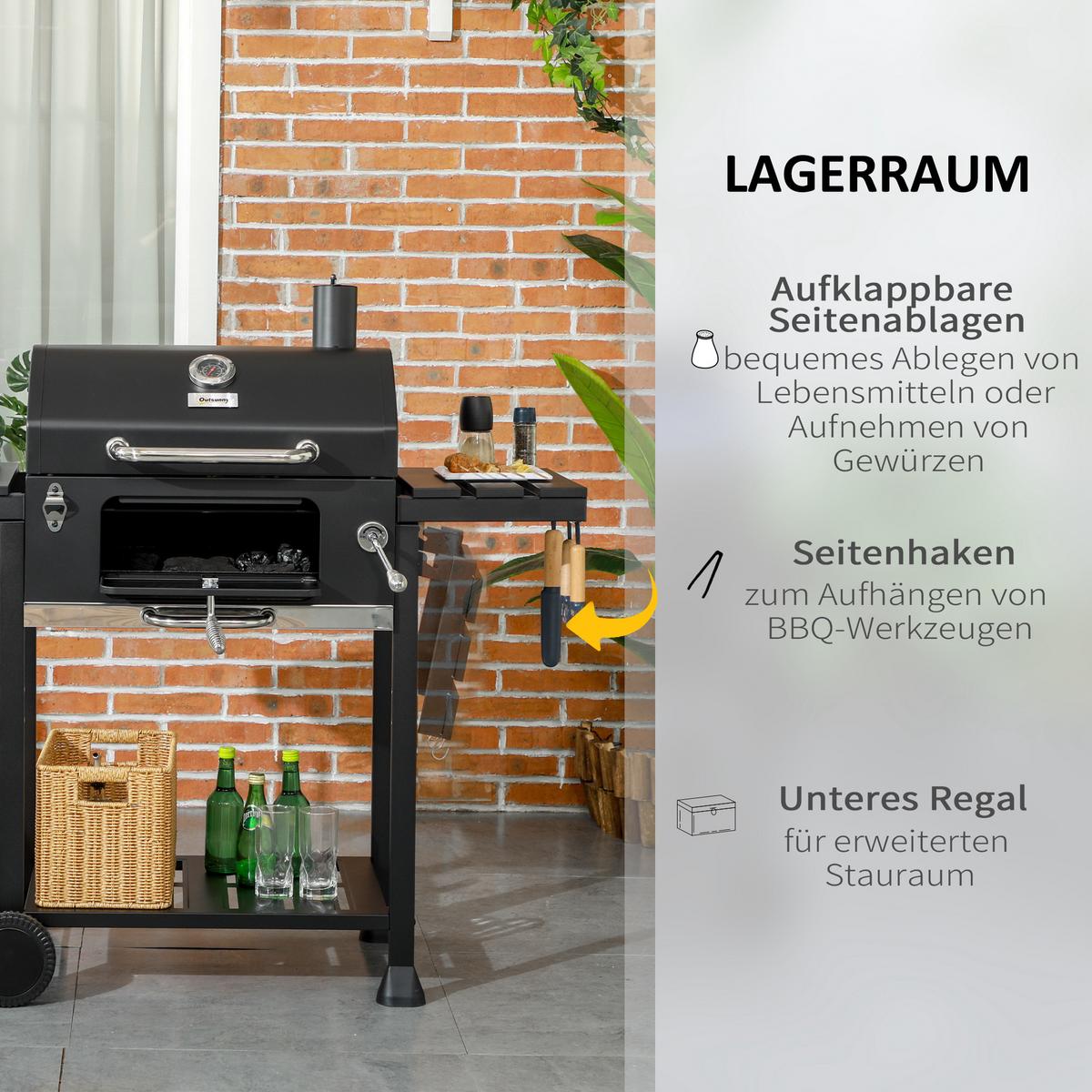 HOLZKOHLEGRILL - Schwarz, Metall (64/114/120cm) - Outsunny