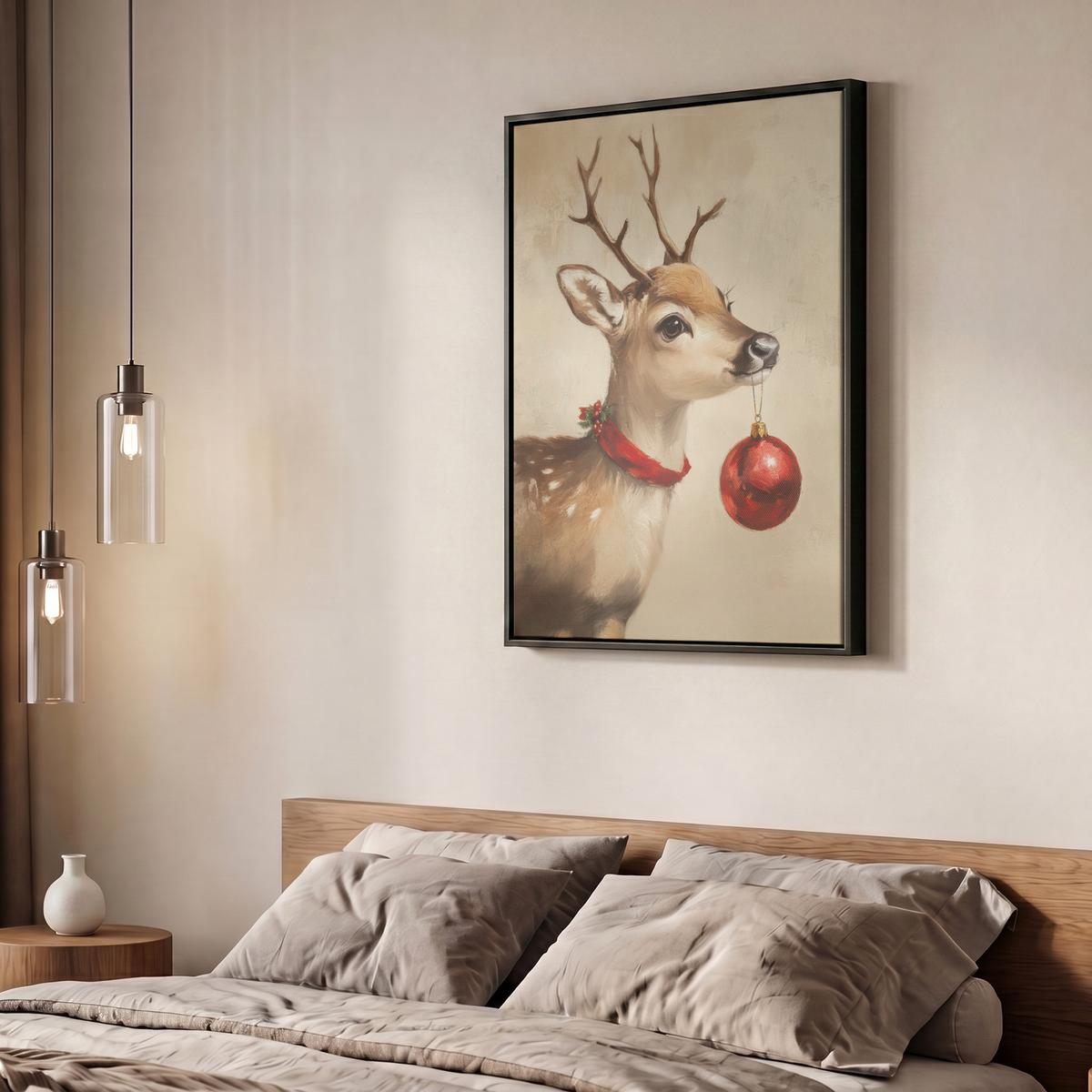 LEINWAND Bilder mit Rahmen - Weihnachten - Hirsch - Geweih - Weihnachtskugel - Rentier - 50x70 - Hellbraun, Textil (50/70cm) - MuchoWow