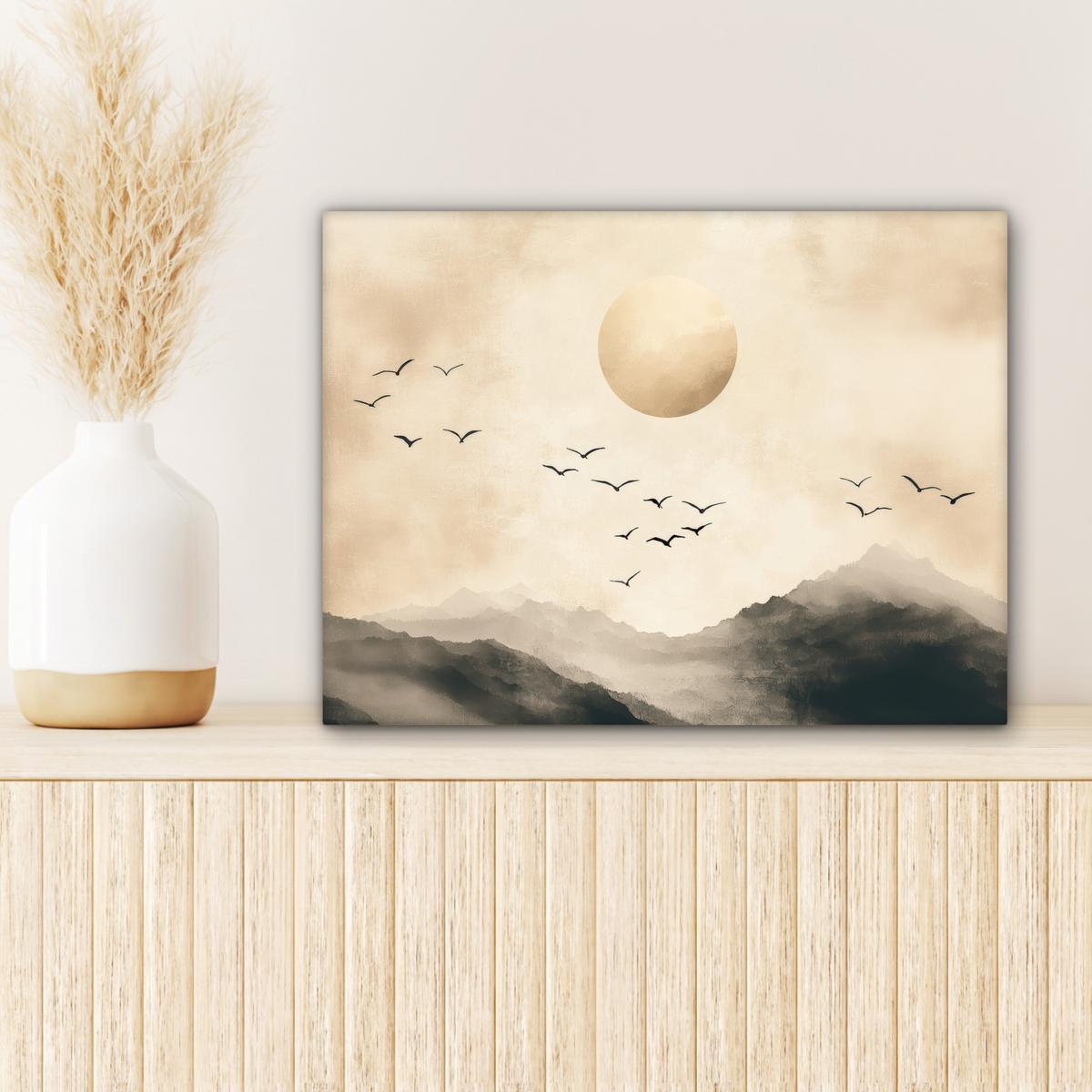 LEINWANDBILD Landschaft - Japandi - Vogel Wandbild 40x30 cm - Beige, Textil (40/30cm) - MuchoWow