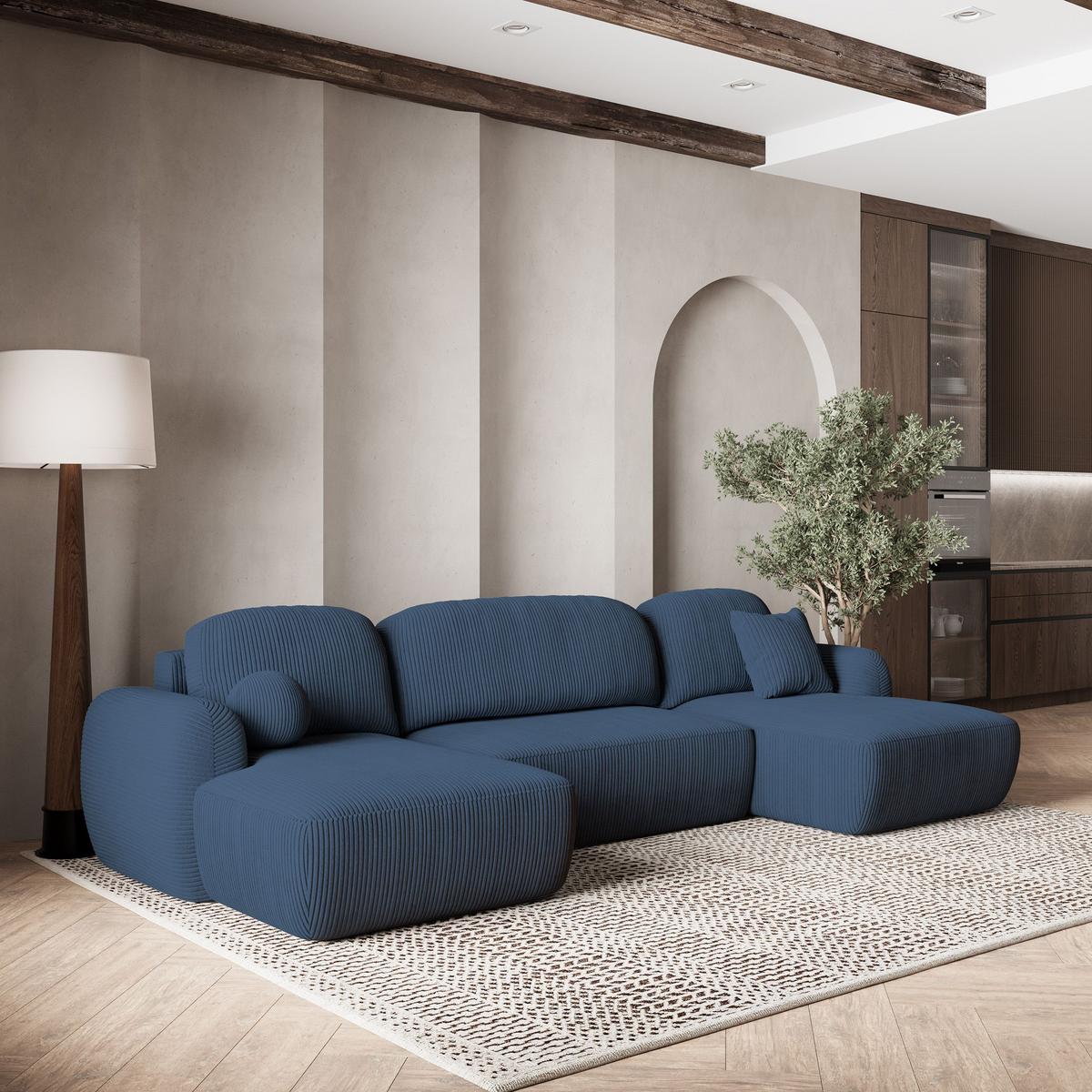 WOHNLANDSCHAFT SAVONA P Blau Kordstoff mit Schlaffunktion - Blau/Schwarz, Holz/Kunststoff (320/90/148cm) - MASSENO
