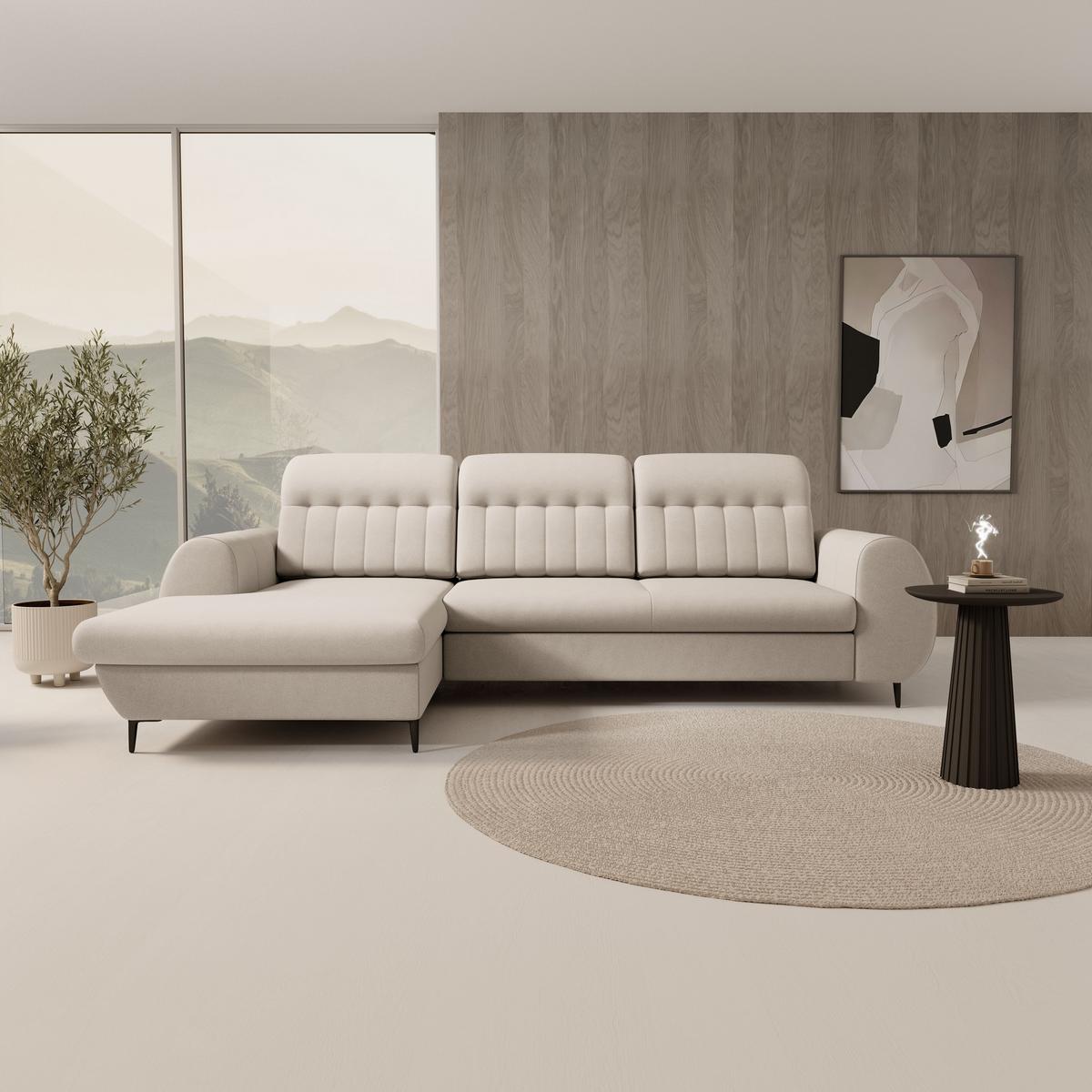 ECKSOFA PURO L-S Beige Plüsch-Stoff mit Schlaffunktion - Beige, Holz (275/166cm) - MASSENO