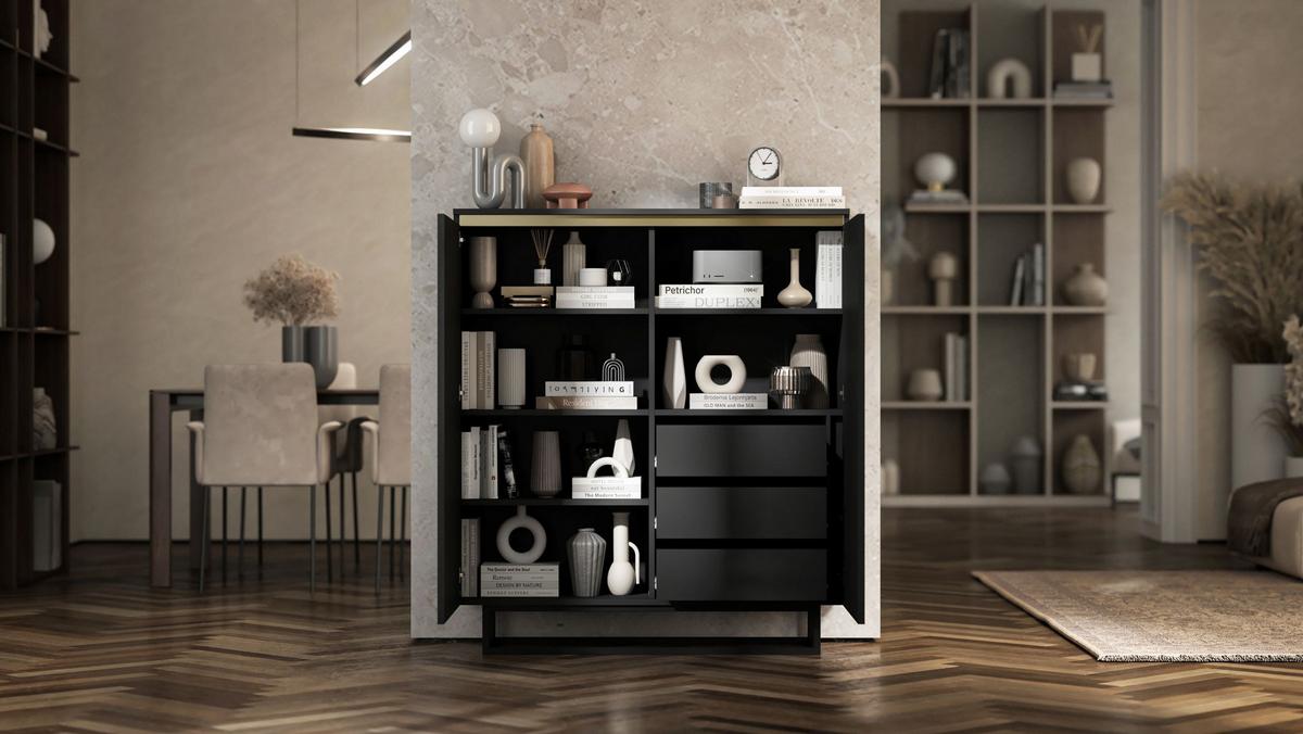 HIGHBOARD Selene 2D Schwarz Matt 111 cm - Schwarz, Holzwerkstoff/Metall (111/125/35cm) - Meble Lindner