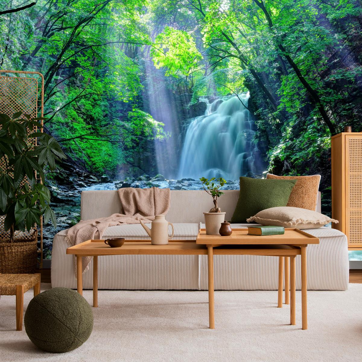 FOTOTAPETE für Schlafzimmer Wasserfall Wald Felsen Bäume Pflanzen 400x280 - Türkis/Blau, Papier (400/280cm) - Muralo
