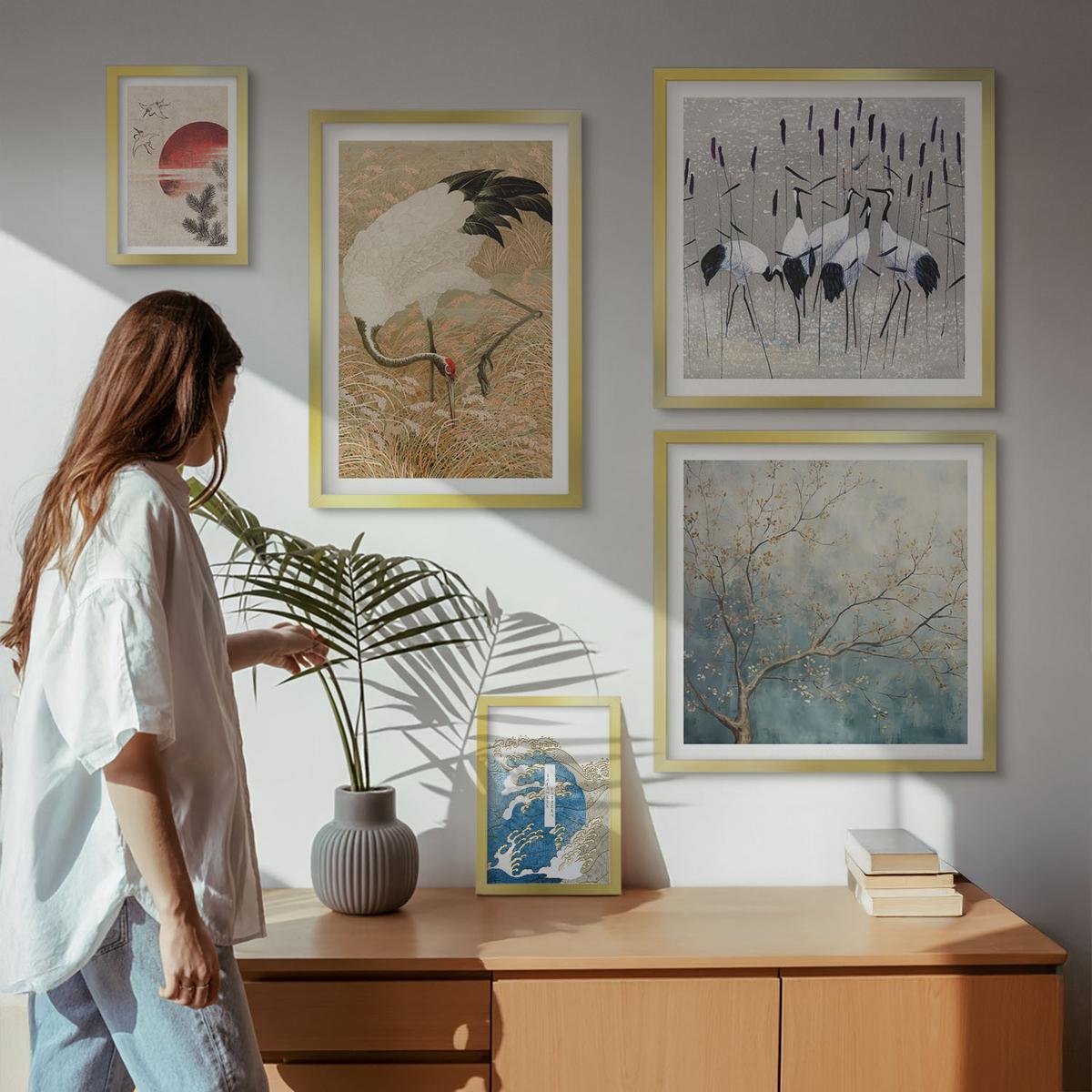BILDER SET 5er Set - 50x50 cm & 20x30 cm & 40x60 cm Goldrahmen - Japanische Kraniche Landschaft - Goldfarben, Kunststoff (40/60cm) - TULUP