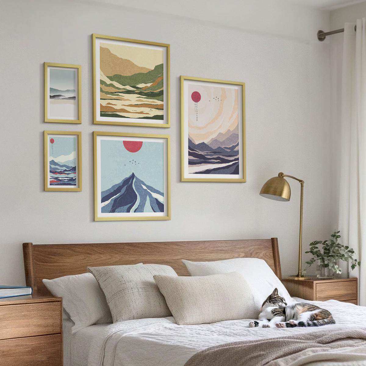 BILDER SET 5er Set - 50x50 cm & 20x30 cm & 40x60 cm Goldrahmen - Farbenfrohe abstrakte Flussberge - Goldfarben, Kunststoff (40/60cm) - TULUP