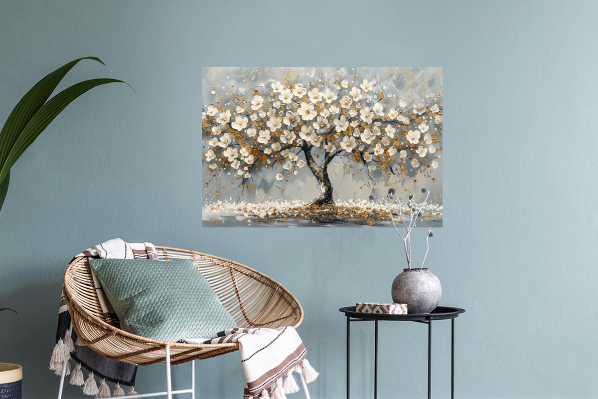 WANDTATTOO Baum - Blumen - Weiß - Natur - Kunst Deko Wohnzimmer 60x40 cm - Weiß, Kunststoff (60/40/0.1cm) - MuchoWow