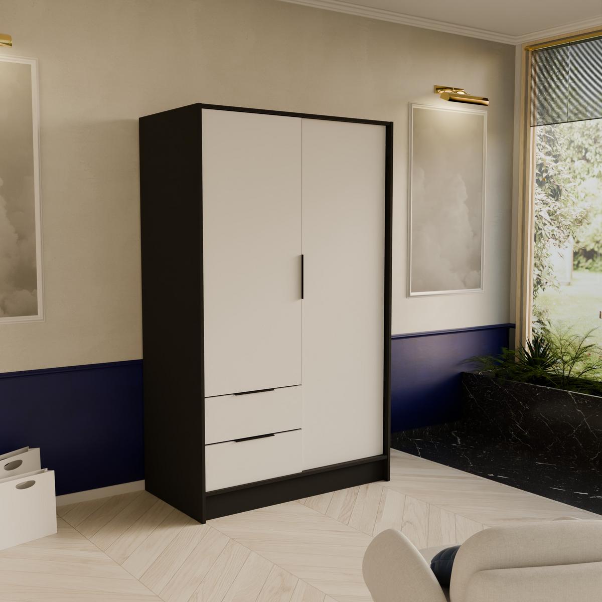 DREHTÜRENSCHRANK CAVA 102/200/51 cm Modern Kleiderschrank 2-türig Schwarz - Schwarz/Weiß, Holzwerkstoff (102/200/51cm) - MASSENO