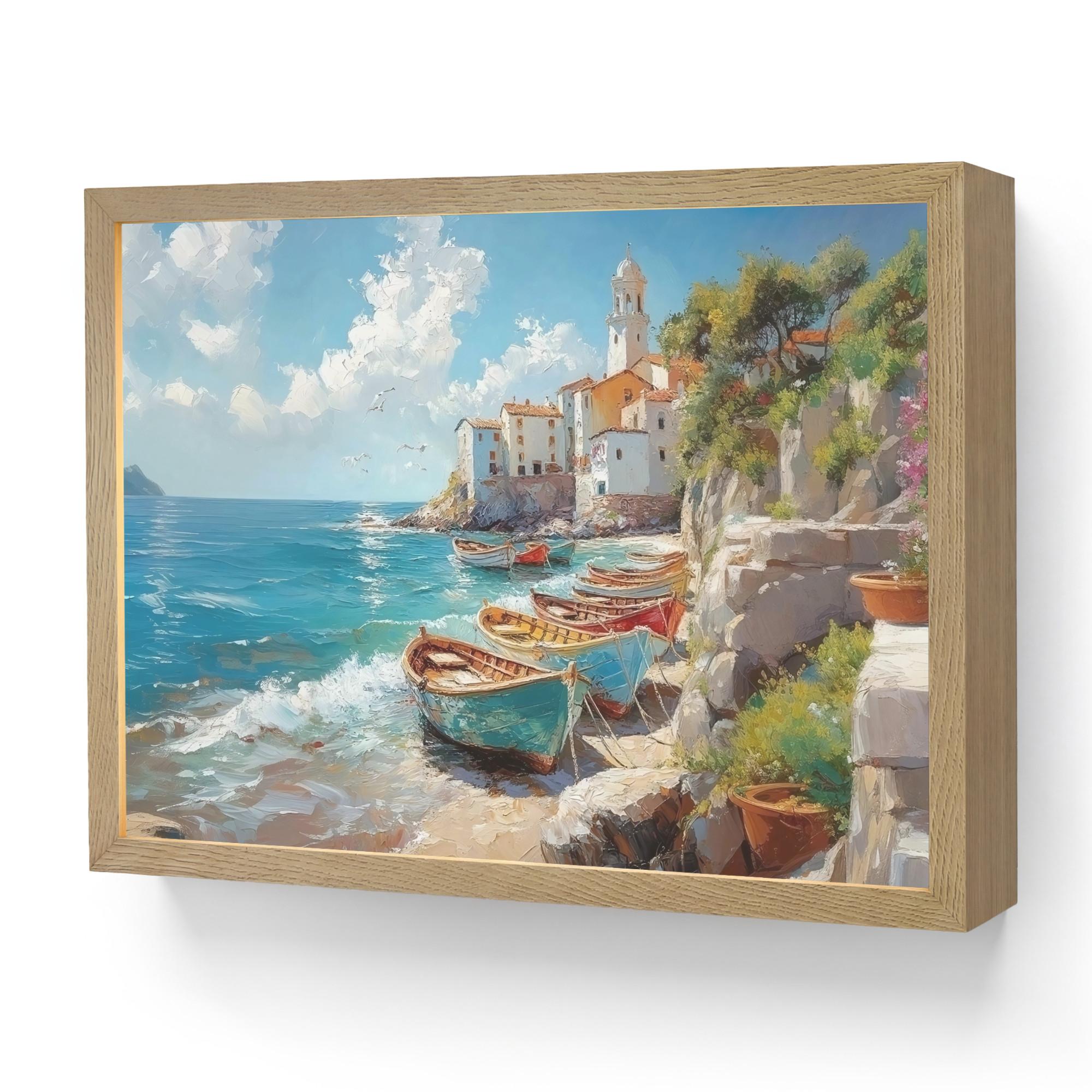 WANDLEUCHTE MIT AKKU Boote - Felsen - Meer - Sonne 40x30 cm - Blau, Holzwerkstoff (40/30/8cm) - OnlyWow