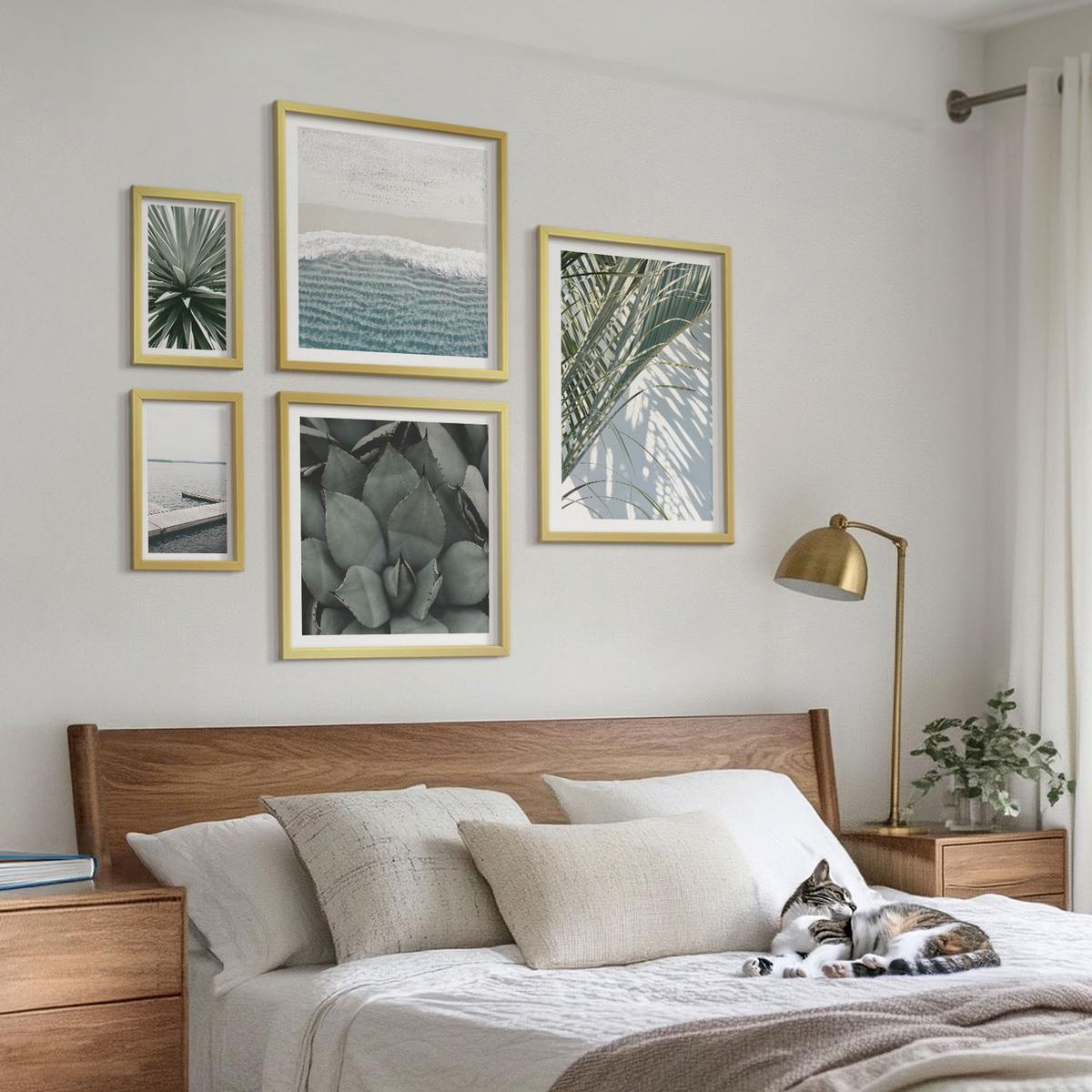 BILDER SET 5er Set - 50x50 cm & 20x30 cm & 40x60 cm Goldrahmen - Hängebrücke aus Palmenblättern - Goldfarben, Kunststoff (40/60cm) - TULUP