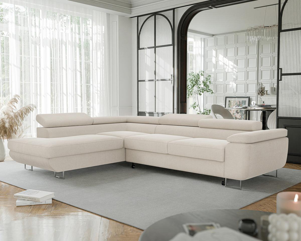 ECKSOFA ANTON links, mit Schlaffunktion und Bettkasten Creme - Chromfarben/Creme, Textil/Metall (274/203cm) - Idohome