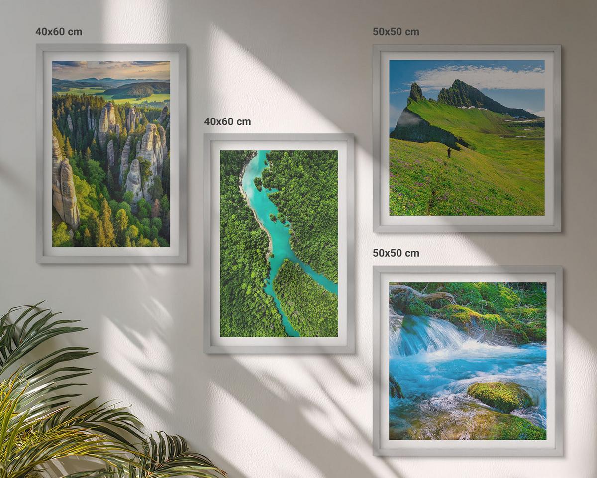 BILDER SET 4er Set - 50x50 cm & 40x60 cm Silberner Rahmen - Grüne Berge, Flussfelsen - Silberfarben, Kunststoff (50/50cm) - TULUP