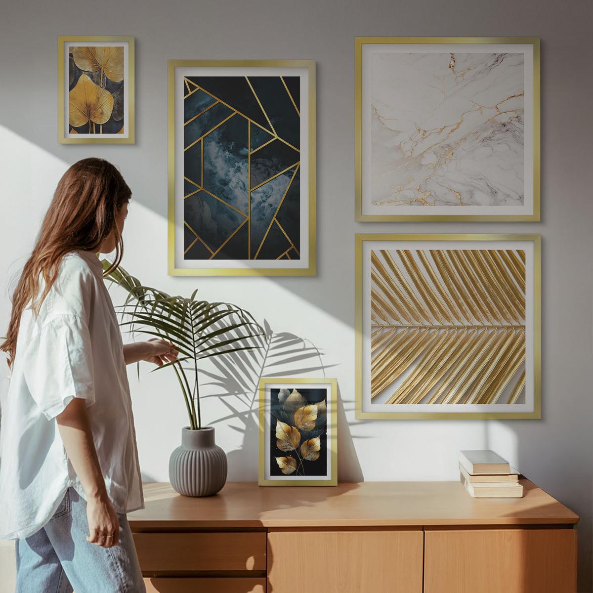 BILDER SET 5er Set - 50x50 cm & 20x30 cm & 40x60 cm Goldrahmen - Moderne Pflanzenmuster - Goldfarben, Kunststoff (40/60cm) - TULUP