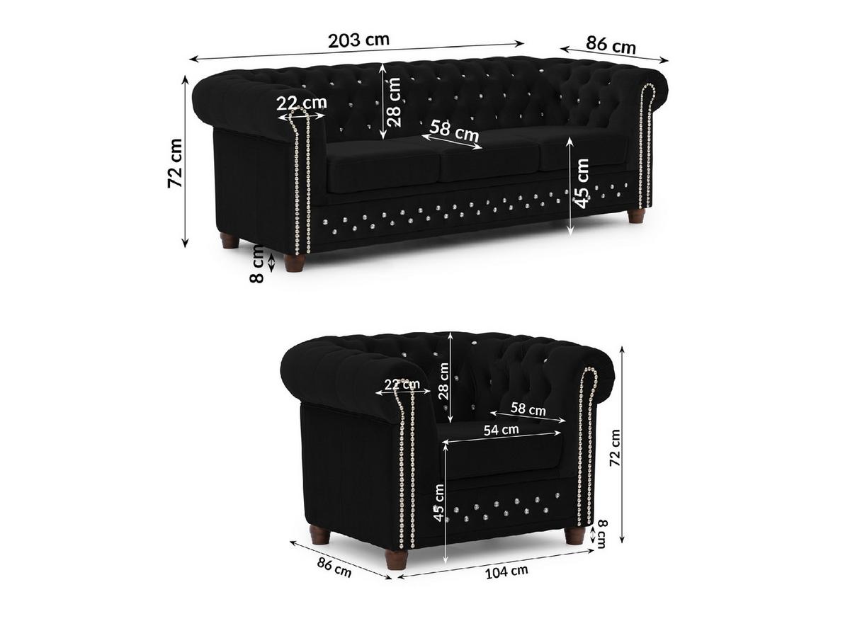 SITZGARNITUR 3+1 Chesterfield Cleo Blink Schwarz Samt mit Kristallsteppung und braunen Massivholzfüßen - Schwarz/Braun, Holz/Textil (203/72/86cm) - S-Style Möbel