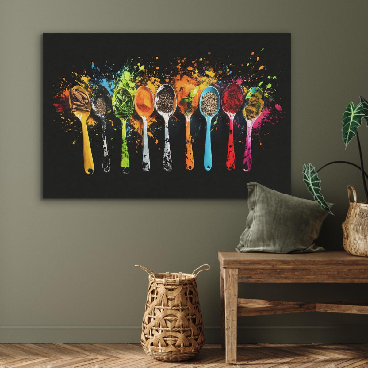 AKUSTIKBILD Löffel - Gewürze - Modern - Graffiti - Farbe - Farbenfroh Wandbild Wohnzimmer 100x70 cm - Multicolor, Textil (100/70/0.9cm) - MuchoWow