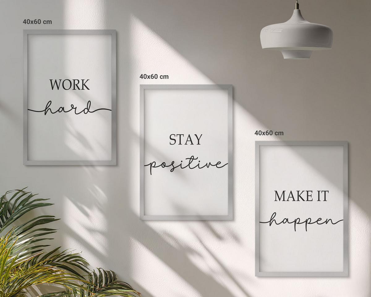 BILDER SET 3er Set - 40x60 cm Silberner Rahmen - Minimalistische Motivationsinschriften - Silberfarben, Kunststoff (40/60cm) - TULUP
