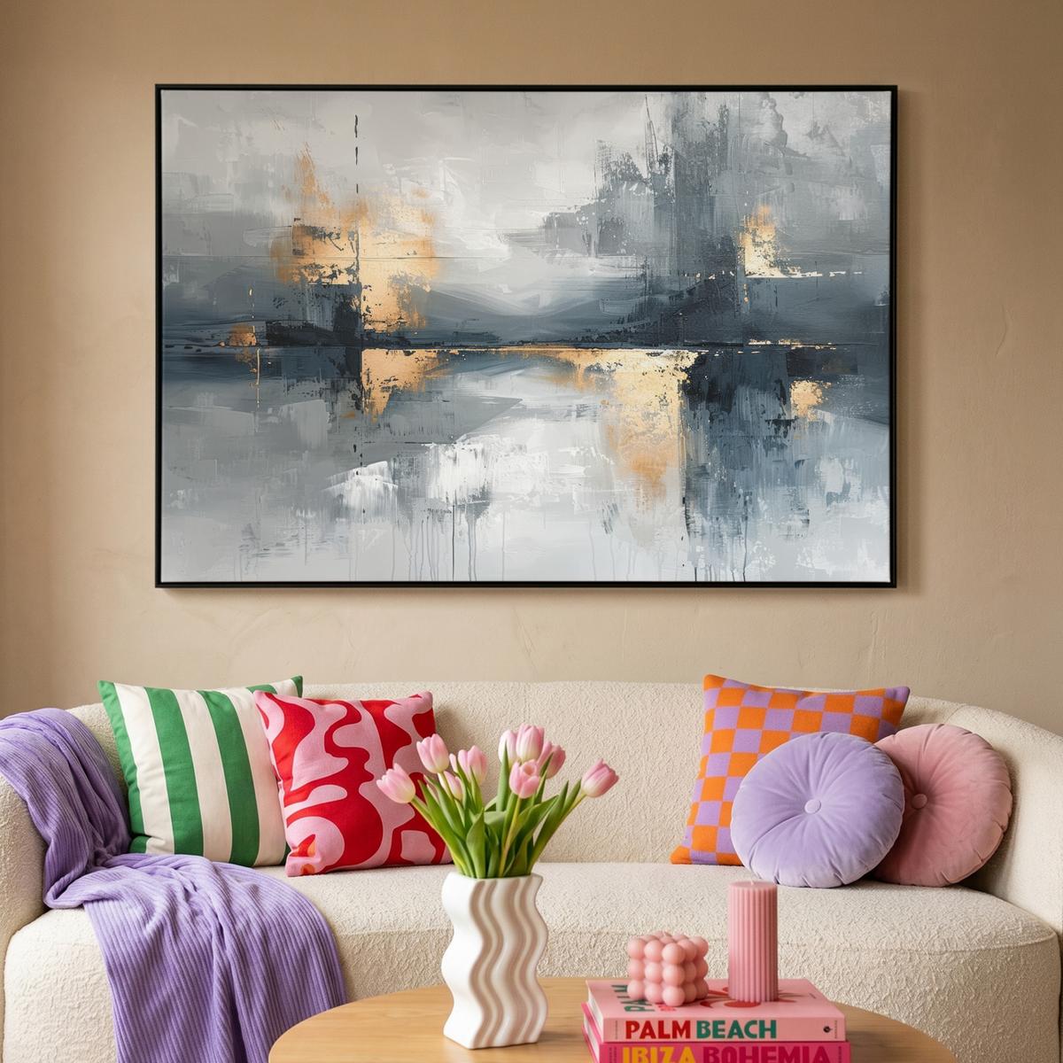 LEINWAND Bilder mit Rahmen - Kunst - Grau - Gold - Abstrakt - 150x100 - Dunkelgrau, Textil (150/100cm) - MuchoWow