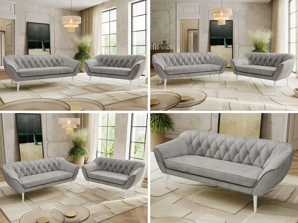 SITZGARNITUR PIRS 3+2 - Hellgrau Velvet - Weiße Beine - Hellgrau/Weiß, Holzwerkstoff/Textil (180/75/74cm) - MKS