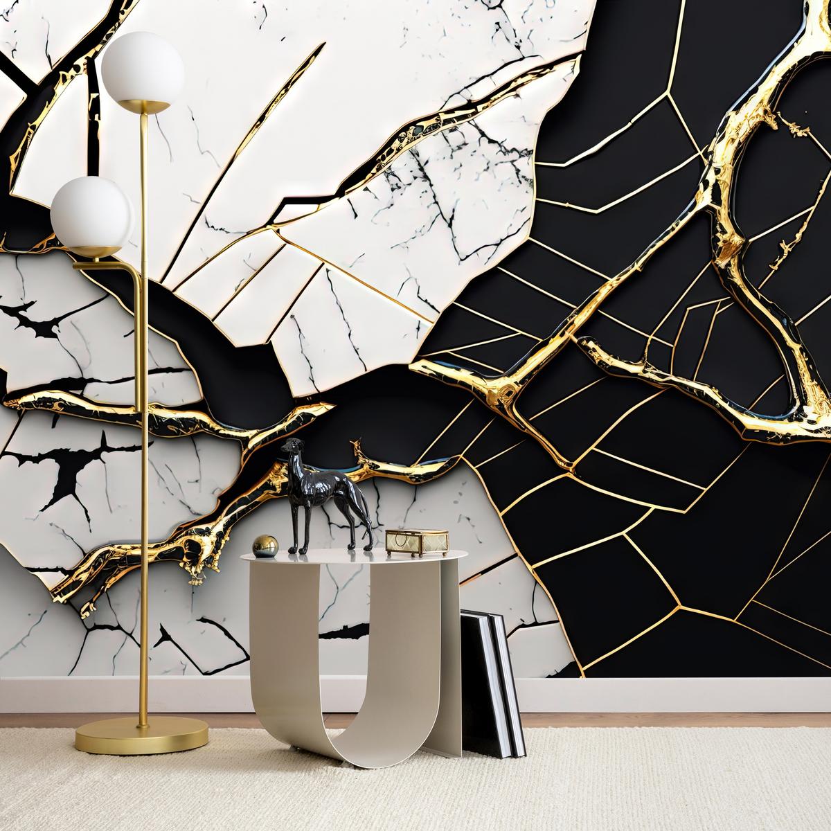 FOTOTAPETER für Badezimmer Abstrakter Marmor Goldene Verzierung 350x256 - Schwarz/Weiß, Papier (350/256cm) - Muralo