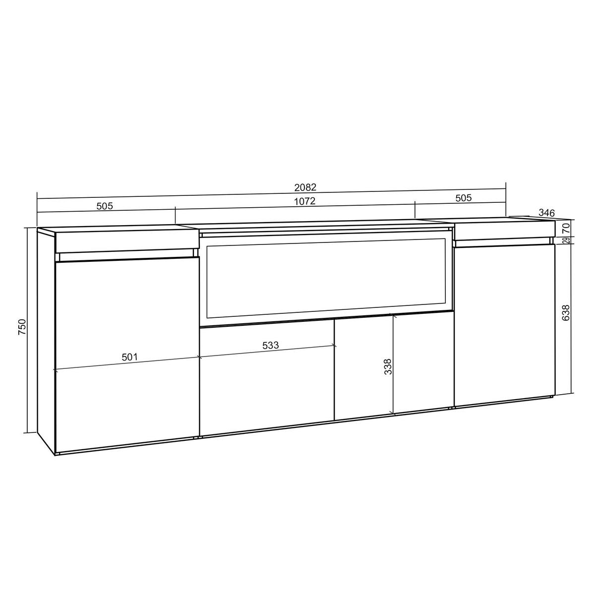 SIDEBOARD, Elektrokamin XXL, zementgrau, 208/35/75cm - Multicolor/Schwarz, Holzwerkstoff (208/75/35cm) - Skraut Home